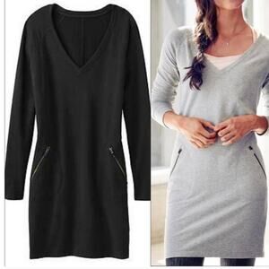 Athleta Enchanted Sweater Dress XS Black Cozy Fleece Lined V Neck Long Sleeve